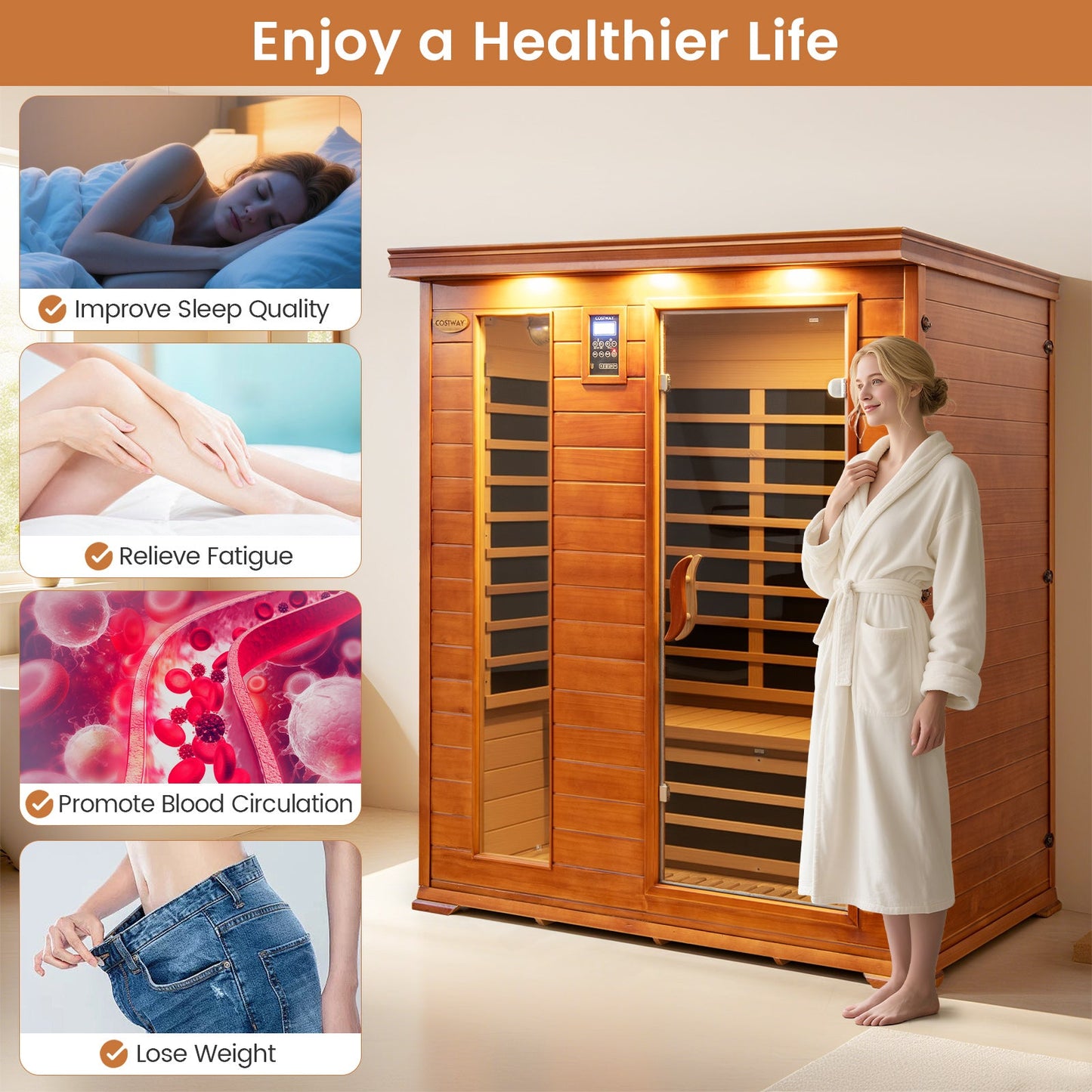 Costway- 2025 Model- 3 Person Infrared Sauna, Canadian Red Cedar Wood Far Infrared Sauna Room with 10 Carbon Heaters, Bluetooth Speakers, Reading Light, Indoor Personal Spa for Home Gym Relaxation- Low EMF