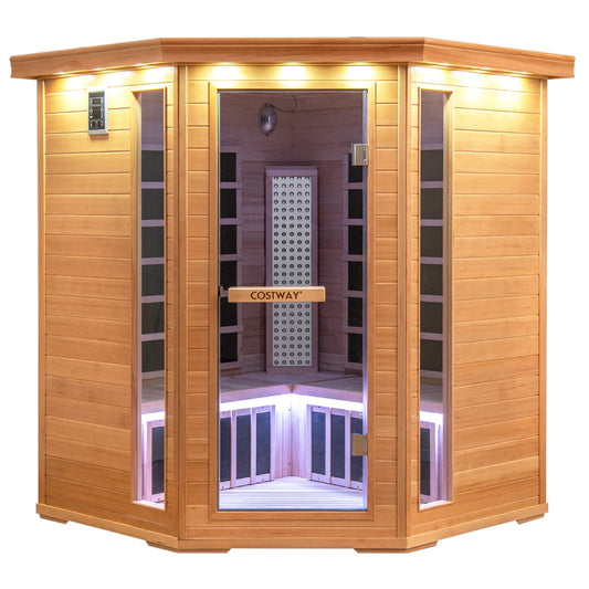 Holiday Sale-NEW 2025 COSTWAY 3D Heat Far Infrared Corner Sauna (3–5 Person) – Canadian Hemlock Wood-Red Light Therapy+Near Infrared-Carbon & Mica Heaters,-Chromotherapy Lighting-Low EMF-Bluetooth Speakers