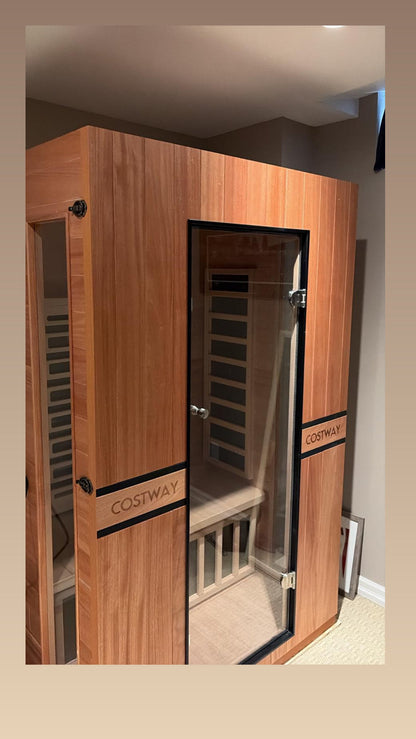 2026 Model-PREORDER-Premium Series-Costway 2-Person Dual Therapy Full Spectrum Infrared Sauna with Red Light Panel($900 Value), WiFi App Control, Chromotherapy & Bluetooth – Okoume Wood- Fully Loaded Indoor Spa