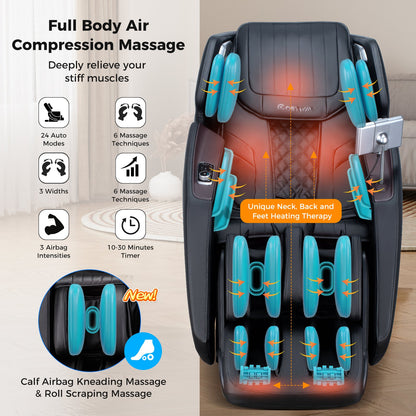 PREORDER-Mega Sale-Costway-4D SL-Track Full Body Massage Chair w/ Zero-Gravity Design, Heated Shawl, Neck & Back & Feet Heater, Calf & Foot Rollers,Magic Calf Rollers, Voice Control, Yoga Stretching, Smart Body Scanning, Touch Screen, Blue-tooth Speaker