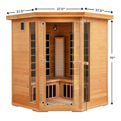 Holiday Sale-NEW 2025 COSTWAY 3D Heat Far Infrared Corner Sauna (3–5 Person) – Canadian Hemlock Wood-Red Light Therapy+Near Infrared-Carbon & Mica Heaters,-Chromotherapy Lighting-Low EMF-Bluetooth Speakers