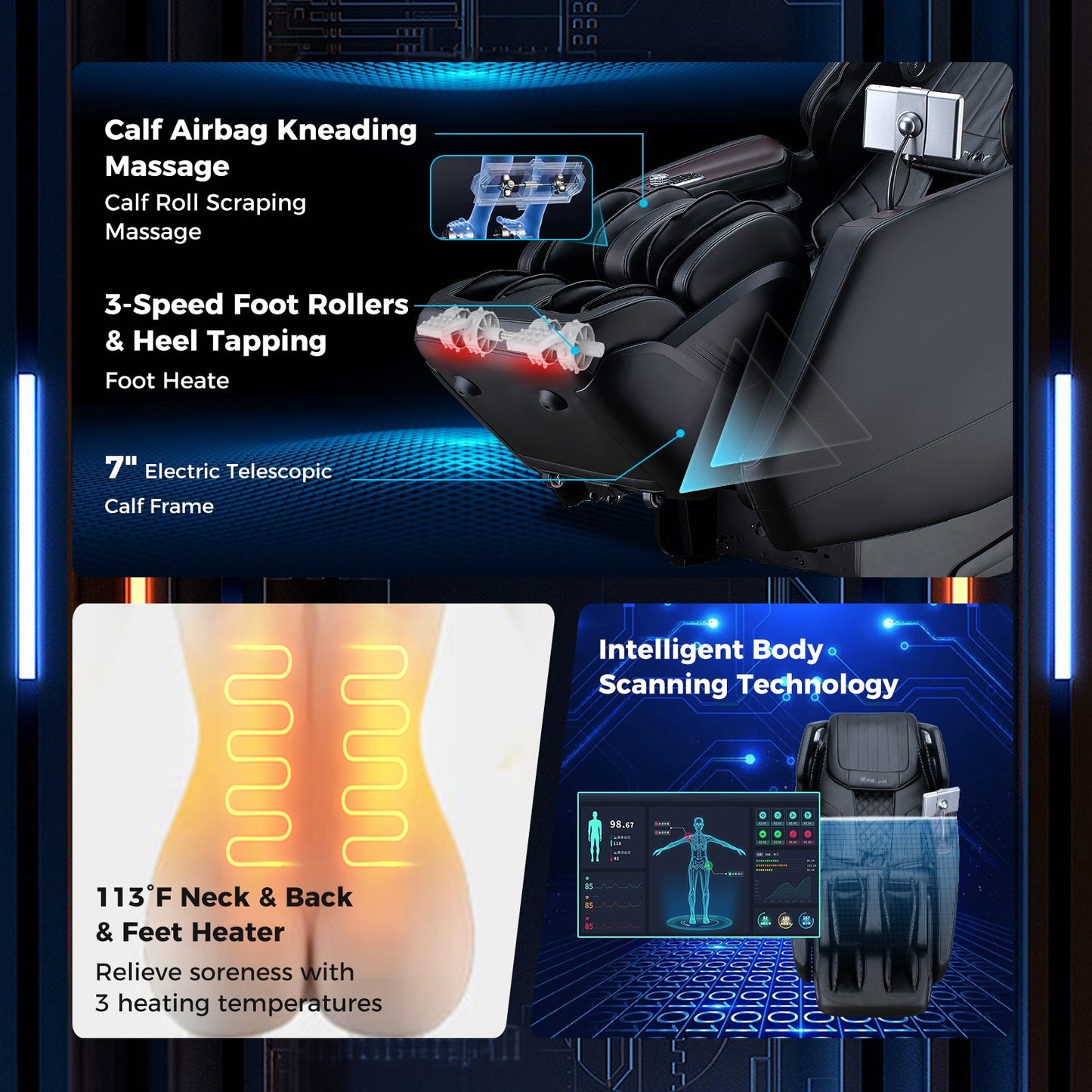 PREORDER-Mega Sale-Costway-4D SL-Track Full Body Massage Chair w/ Zero-Gravity Design, Heated Shawl, Neck & Back & Feet Heater, Calf & Foot Rollers,Magic Calf Rollers, Voice Control, Yoga Stretching, Smart Body Scanning, Touch Screen, Blue-tooth Speaker