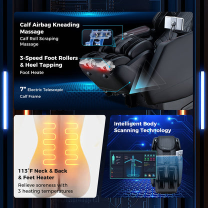 PREORDER-Mega Sale-Costway-4D SL-Track Full Body Massage Chair w/ Zero-Gravity Design, Heated Shawl, Neck & Back & Feet Heater, Calf & Foot Rollers,Magic Calf Rollers, Voice Control, Yoga Stretching, Smart Body Scanning, Touch Screen, Blue-tooth Speaker