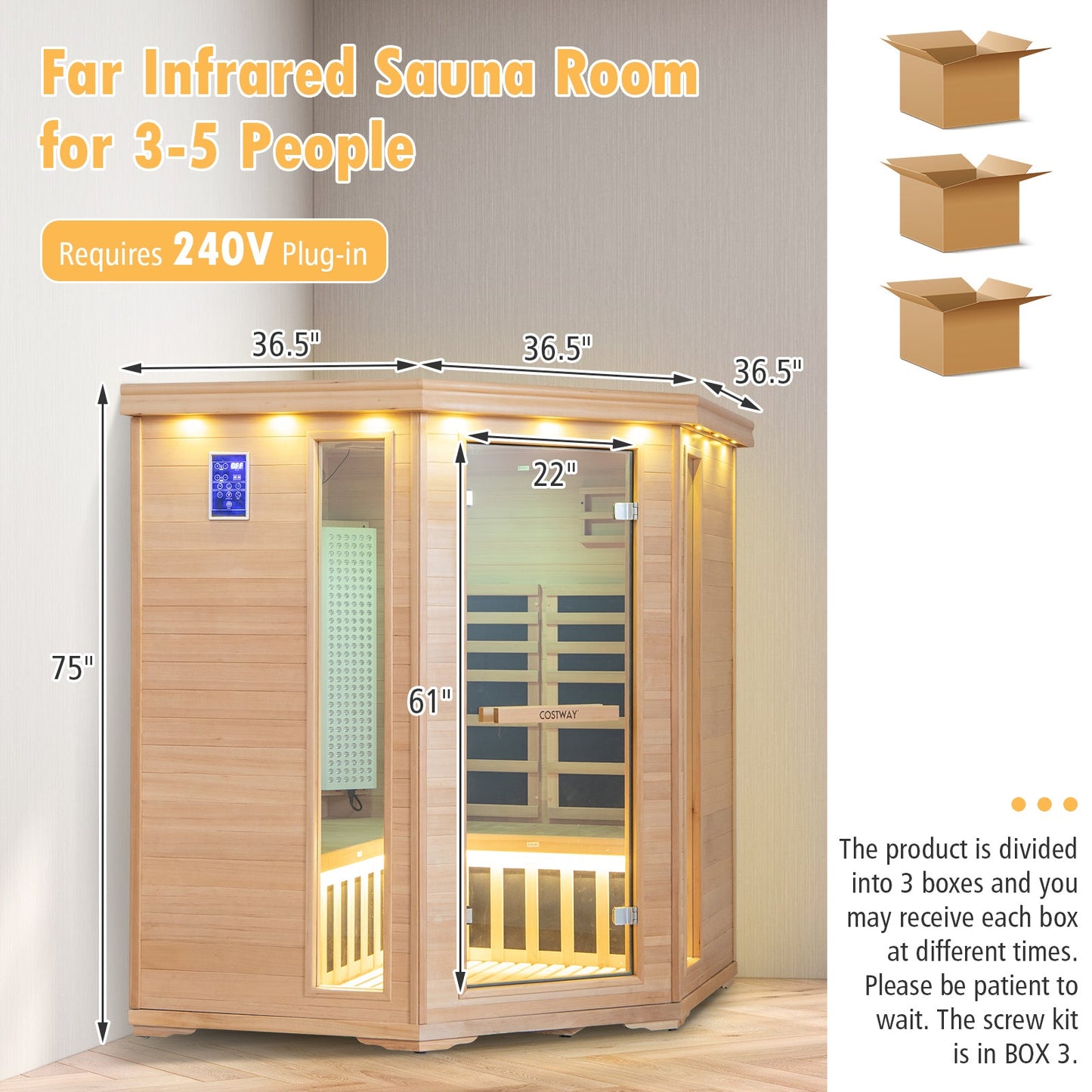 -PREORDER-Costway- Premium Corner 3D Full Spectrum Sauna With Red Light Therapy/ Far Infrared-App Controlled, Fully Loaded-Low EMF, JV11522US