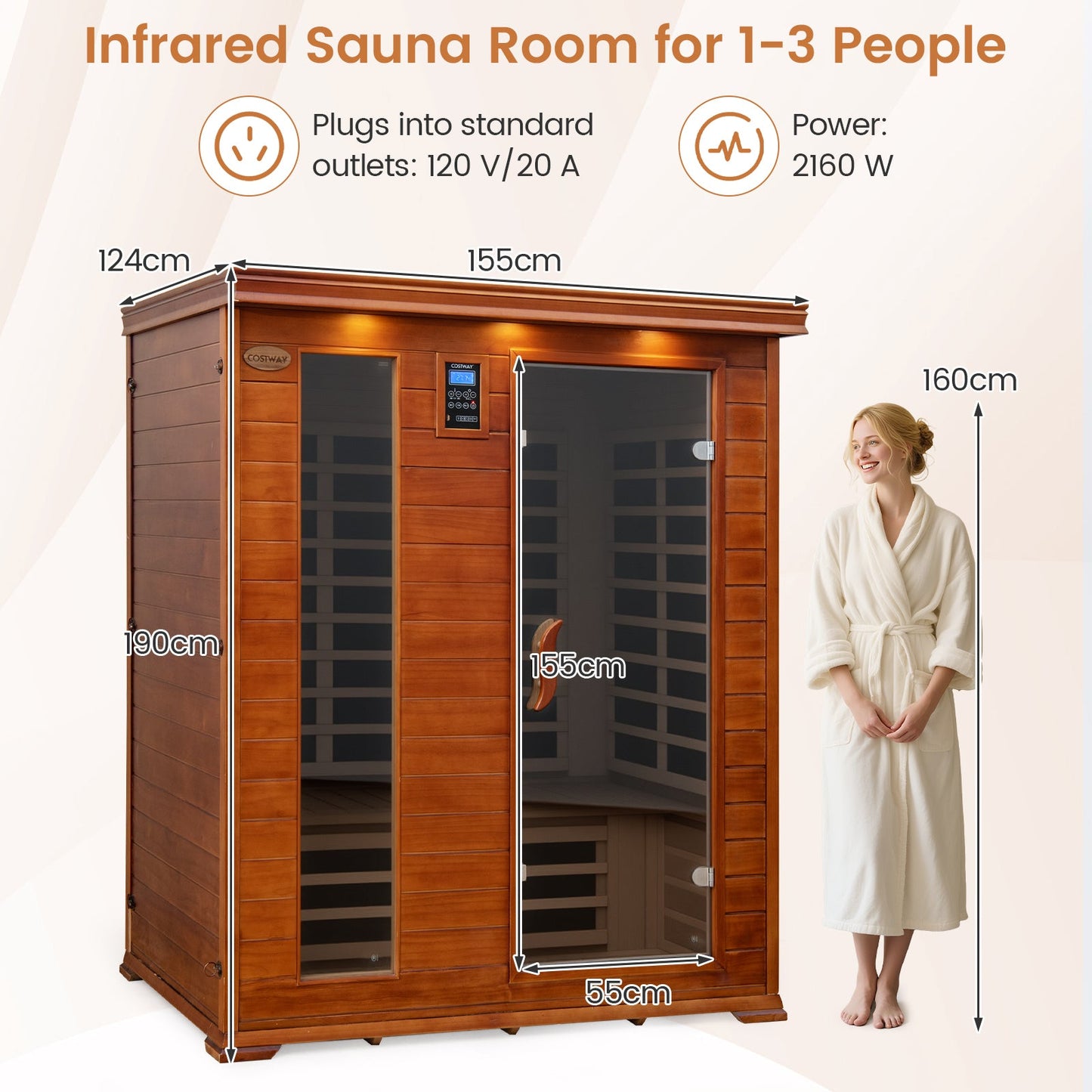 Costway- 2025 Model- 3 Person Infrared Sauna, Canadian Red Cedar Wood Far Infrared Sauna Room with 10 Carbon Heaters, Bluetooth Speakers, Reading Light, Indoor Personal Spa for Home Gym Relaxation-  Low EMF