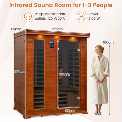 Costway- 2025 Model- 3 Person Infrared Sauna, Canadian Red Cedar Wood Far Infrared Sauna Room with 10 Carbon Heaters, Bluetooth Speakers, Reading Light, Indoor Personal Spa for Home Gym Relaxation-  Low EMF