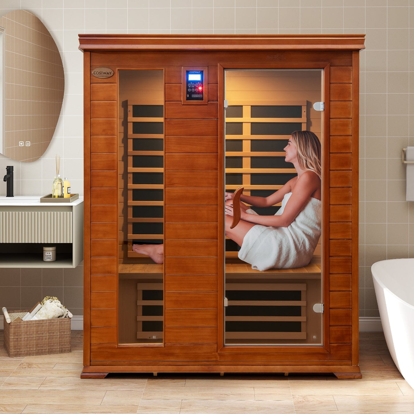 Costway- 2025 Model- 3 Person Infrared Sauna, Canadian Red Cedar Wood Far Infrared Sauna Room with 10 Carbon Heaters, Bluetooth Speakers, Reading Light, Indoor Personal Spa for Home Gym Relaxation-  Low EMF