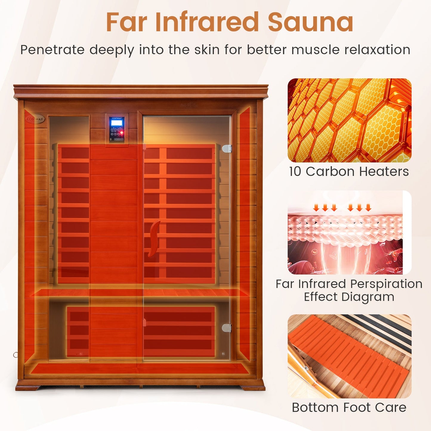 Costway- 2025 Model- 3 Person Infrared Sauna, Canadian Red Cedar Wood Far Infrared Sauna Room with 10 Carbon Heaters, Bluetooth Speakers, Reading Light, Indoor Personal Spa for Home Gym Relaxation-  Low EMF