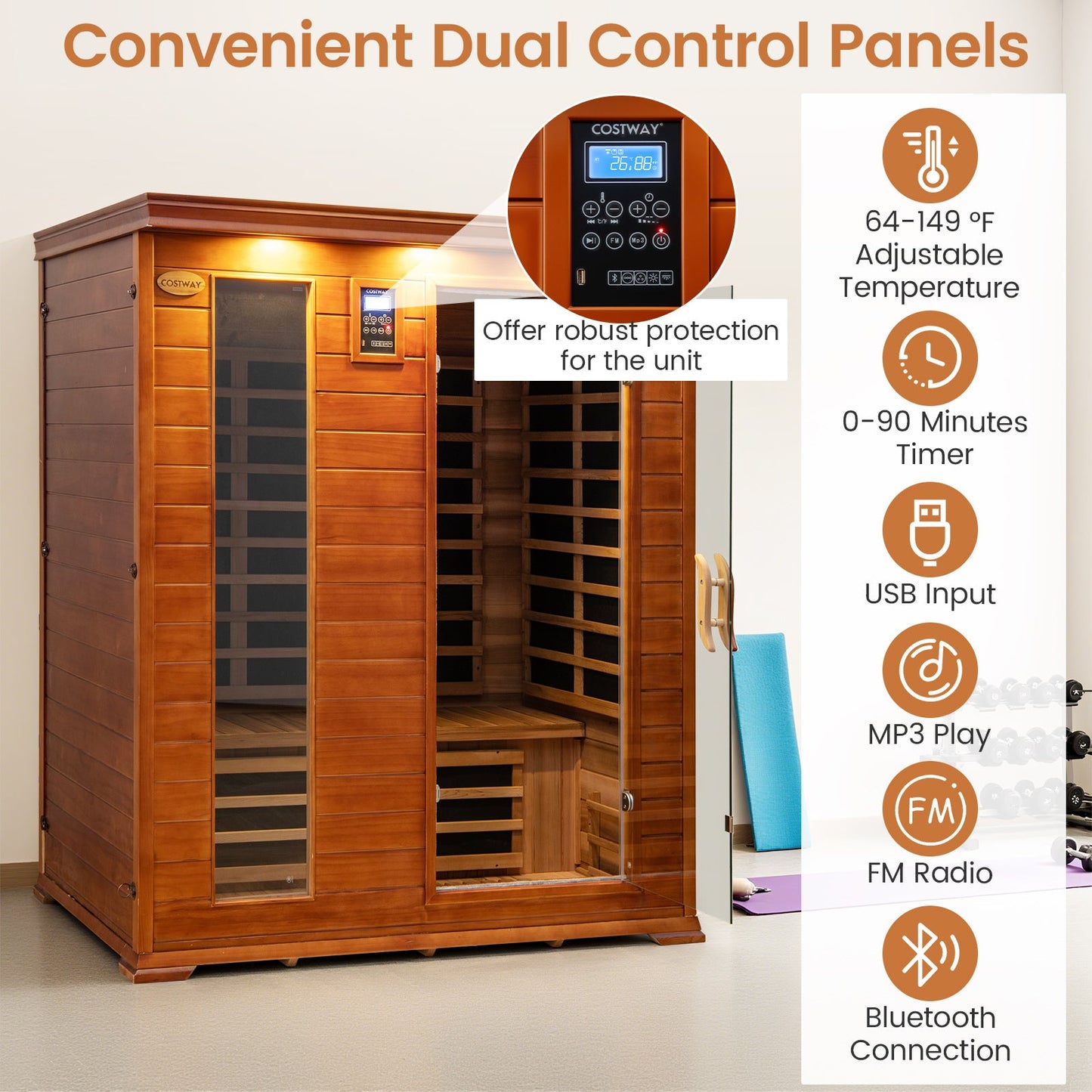 Costway- 2025 Model- 3 Person Infrared Sauna, Canadian Red Cedar Wood Far Infrared Sauna Room with 10 Carbon Heaters, Bluetooth Speakers, Reading Light, Indoor Personal Spa for Home Gym Relaxation-  Low EMF