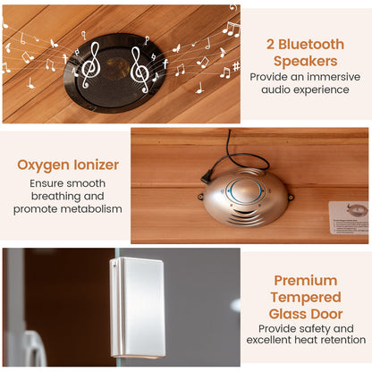 Costway- 2025 Model- 3 Person Infrared Sauna, Canadian Red Cedar Wood Far Infrared Sauna Room with 10 Carbon Heaters, Bluetooth Speakers, Reading Light, Indoor Personal Spa for Home Gym Relaxation-  Low EMF