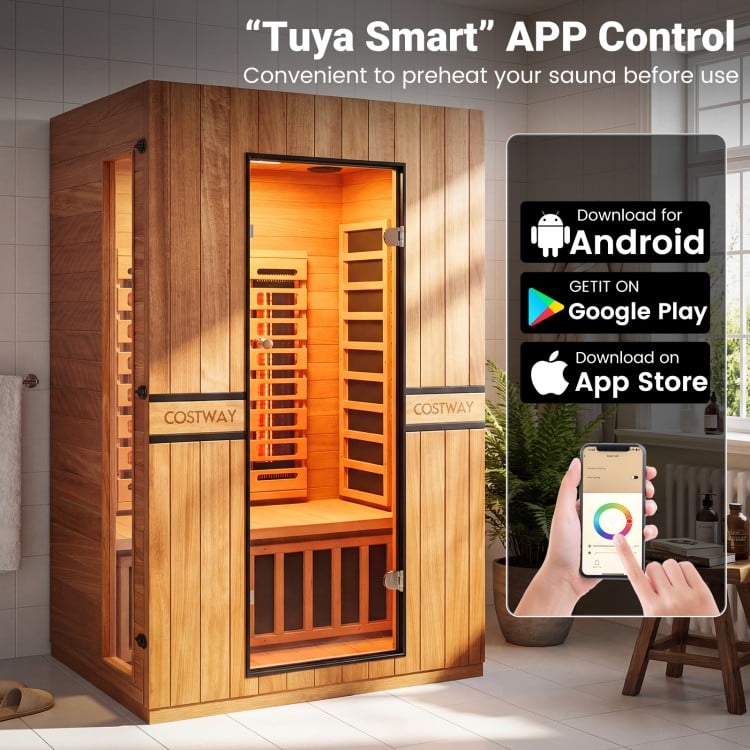 Costway 2-Person Dual Therapy Full Spectrum Infrared Sauna with Red Light Panel, WiFi App Control, Chromotherapy & Bluetooth – Okoume Wood- Fully Loaded Indoor Spa