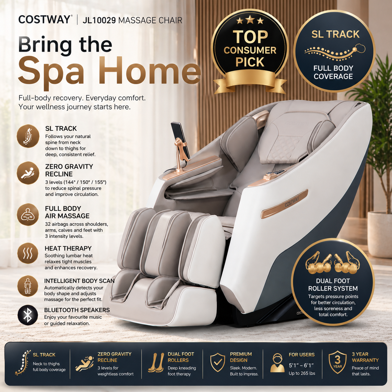 -Costway-Premium 3 Level Zero Gravity Full SL Track, Massage Chair With Heat- Dual Foot Rollers-Intelligent Body Scan With Shiatsu Rollers-JL10029WL