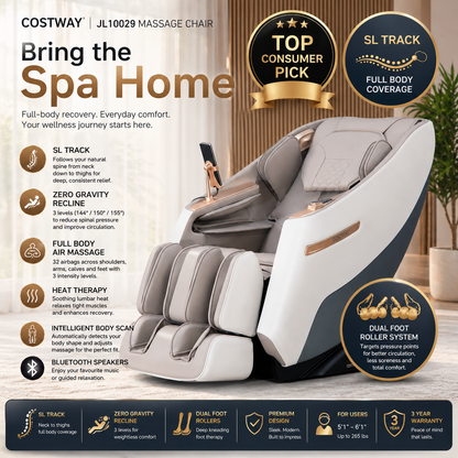 -Costway-Premium 3 Level Zero Gravity Full SL Track, Massage Chair With Heat- Dual Foot Rollers-Intelligent Body Scan With Shiatsu Rollers-JL10029WL