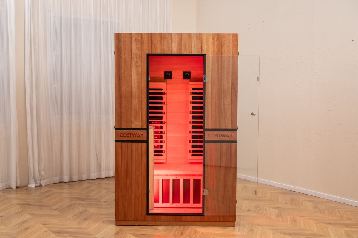 2026 Model-PREORDER-Premium Series-Costway 2-Person Dual Therapy Full Spectrum Infrared Sauna with Red Light Panel($900 Value), WiFi App Control, Chromotherapy & Bluetooth – Okoume Wood- Fully Loaded Indoor Spa