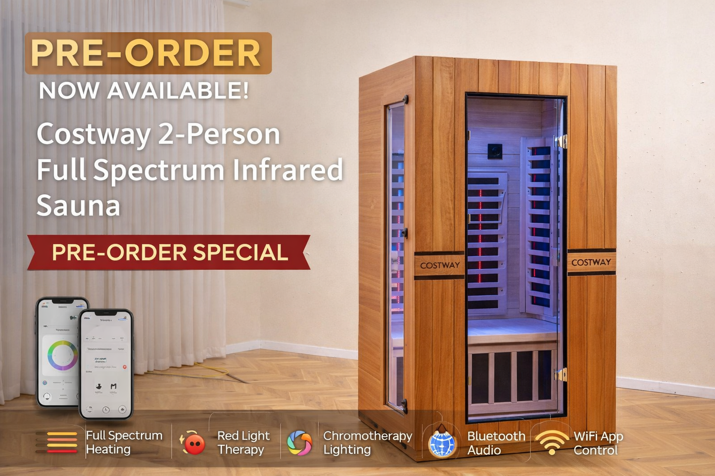 2026 Model-PREORDER-Premium Series-Costway 2-Person Dual Therapy Full Spectrum Infrared Sauna with Red Light Panel($900 Value), WiFi App Control, Chromotherapy & Bluetooth – Okoume Wood- Fully Loaded Indoor Spa