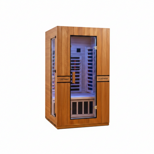 Costway 2-Person Dual Therapy Full Spectrum Infrared Sauna with Red Light Panel, WiFi App Control, Chromotherapy & Bluetooth – Okoume Wood- Fully Loaded Indoor Spa