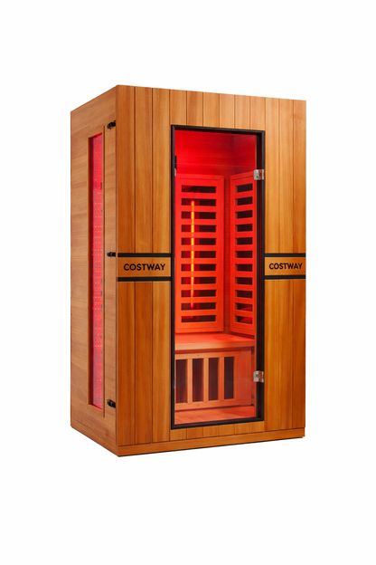 2026 Model-PREORDER-Premium Series-Costway 2-Person Dual Therapy Full Spectrum Infrared Sauna with Red Light Panel($900 Value), WiFi App Control, Chromotherapy & Bluetooth – Okoume Wood- Fully Loaded Indoor Spa