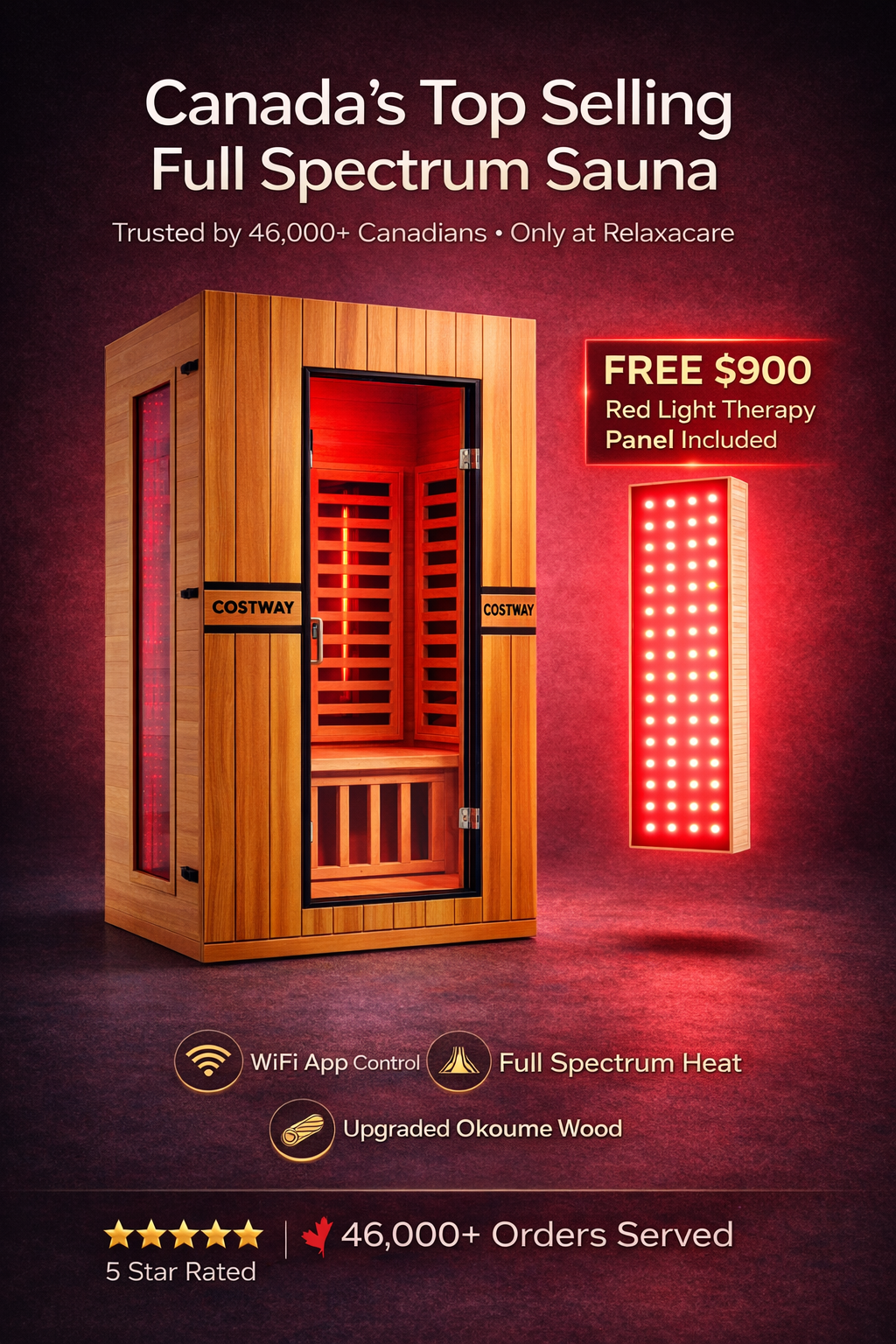 2026 Model-PREORDER-Premium Series-Costway 2-Person Dual Therapy Full Spectrum Infrared Sauna with Red Light Panel($900 Value), WiFi App Control, Chromotherapy & Bluetooth – Okoume Wood- Fully Loaded Indoor Spa