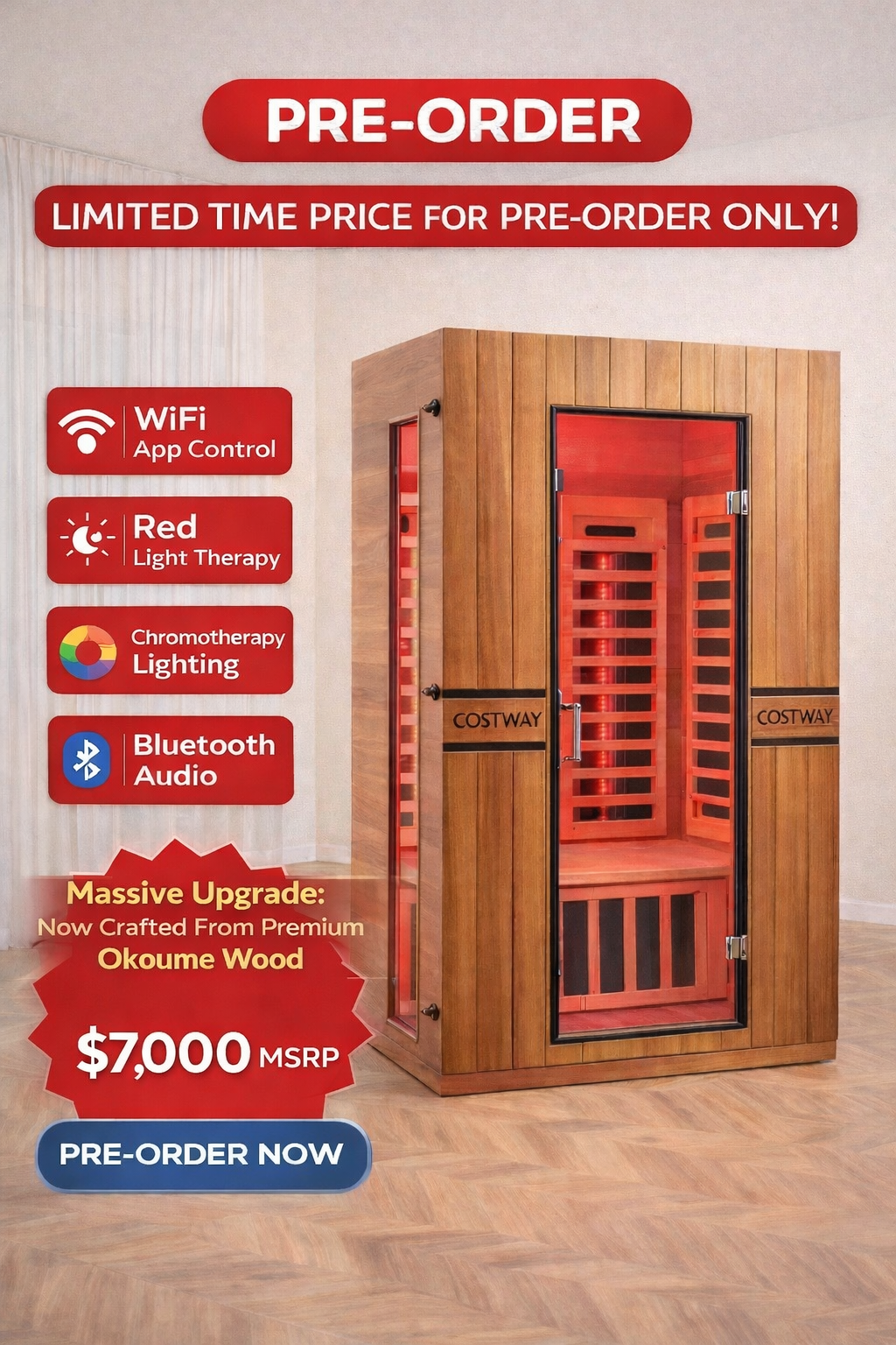 2026 Model-PREORDER-Premium Series-Costway 2-Person Dual Therapy Full Spectrum Infrared Sauna with Red Light Panel($900 Value), WiFi App Control, Chromotherapy & Bluetooth – Okoume Wood- Fully Loaded Indoor Spa
