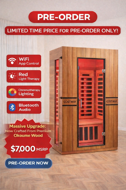 2026 Model-PREORDER-Premium Series-Costway 2-Person Dual Therapy Full Spectrum Infrared Sauna with Red Light Panel($900 Value), WiFi App Control, Chromotherapy & Bluetooth – Okoume Wood- Fully Loaded Indoor Spa