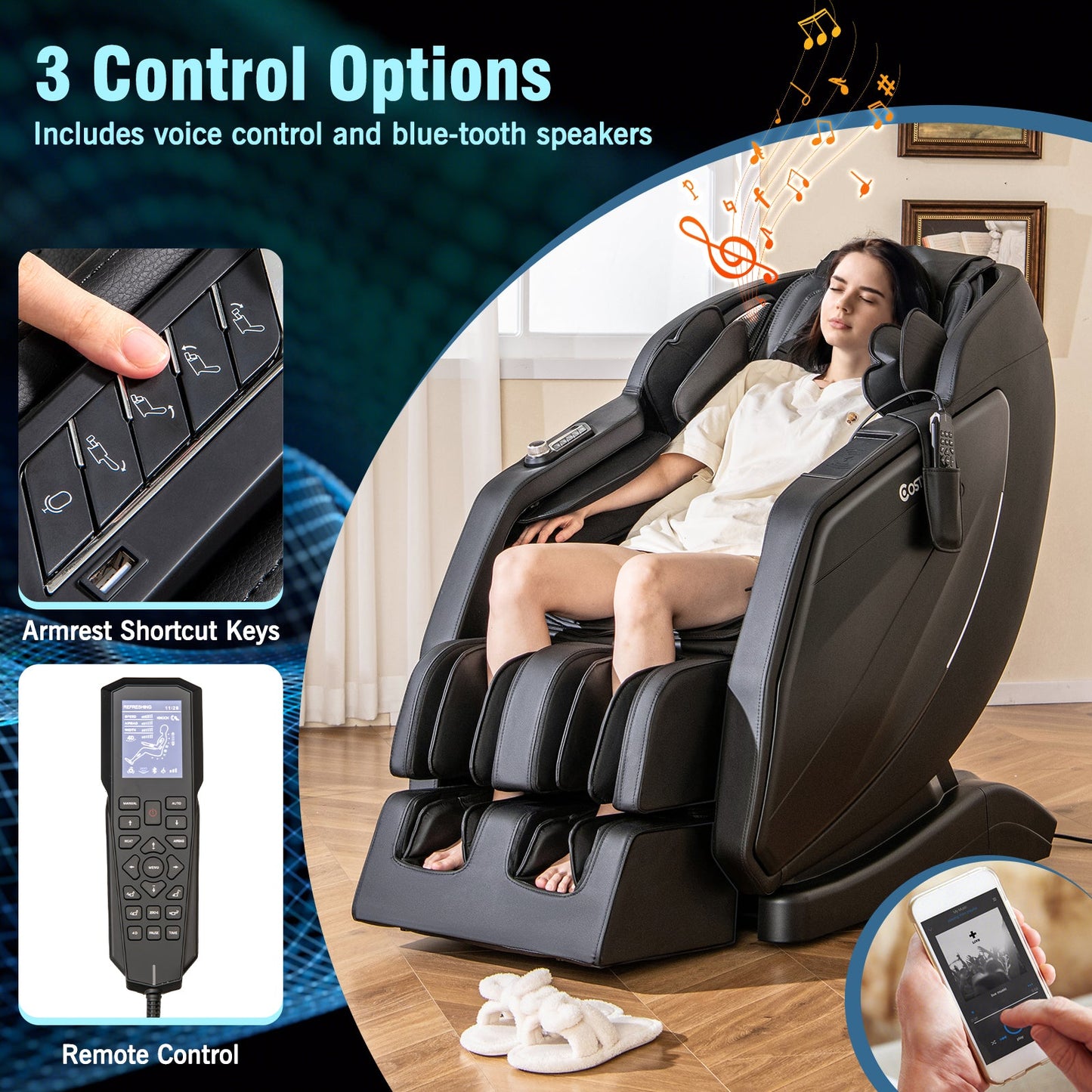 Costway-4D Massage Chair, Full Body SL Track Zero Gravity Massage Recliner w/ Airbags, Heater, Calves & Foot Rollers, Stretch, Voice Control, Auto Shoulder Scan, Wireless Charging Station, Bluetooth Speaker, Installation-Free Design JL10037WL