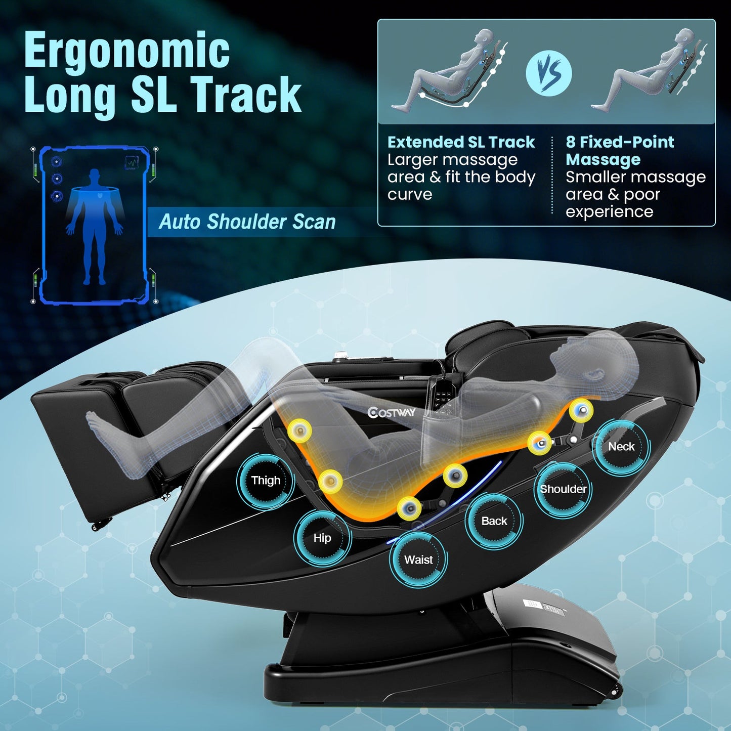 Costway-4D Massage Chair, Full Body SL Track Zero Gravity Massage Recliner w/ Airbags, Heater, Calves & Foot Rollers, Stretch, Voice Control, Auto Shoulder Scan, Wireless Charging Station, Bluetooth Speaker, Installation-Free Design JL10037WL