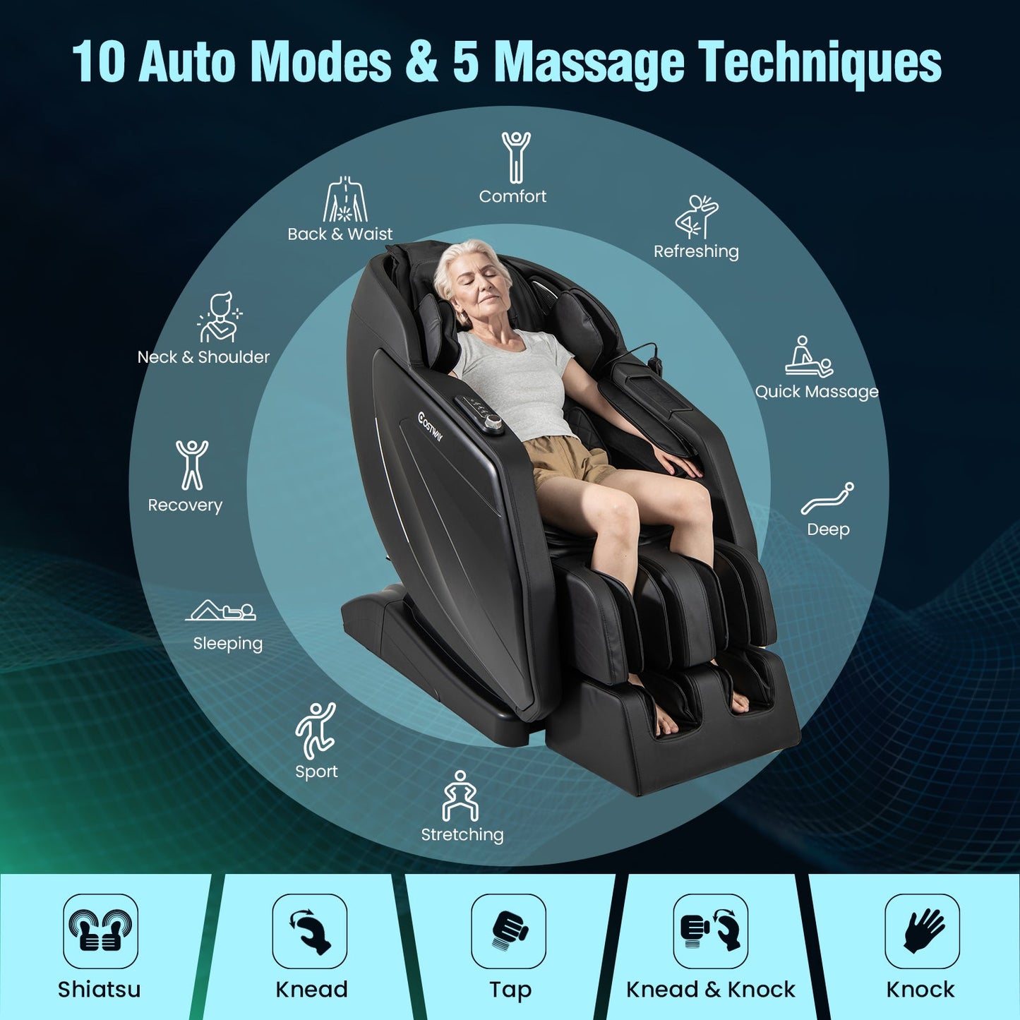 Costway-4D Massage Chair, Full Body SL Track Zero Gravity Massage Recliner w/ Airbags, Heater, Calves & Foot Rollers, Stretch, Voice Control, Auto Shoulder Scan, Wireless Charging Station, Bluetooth Speaker, Installation-Free Design JL10037WL