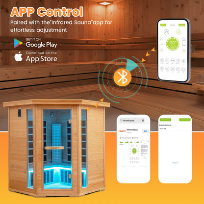 Holiday Sale-NEW 2025 COSTWAY 3D Heat Far Infrared Corner Sauna (3–5 Person) – Canadian Hemlock Wood-Red Light Therapy+Near Infrared-Carbon & Mica Heaters,-Chromotherapy Lighting-Low EMF-Bluetooth Speakers