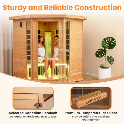 Holiday Sale-NEW 2025 COSTWAY 3D Heat Far Infrared Corner Sauna (3–5 Person) – Canadian Hemlock Wood-Red Light Therapy+Near Infrared-Carbon & Mica Heaters,-Chromotherapy Lighting-Low EMF-Bluetooth Speakers