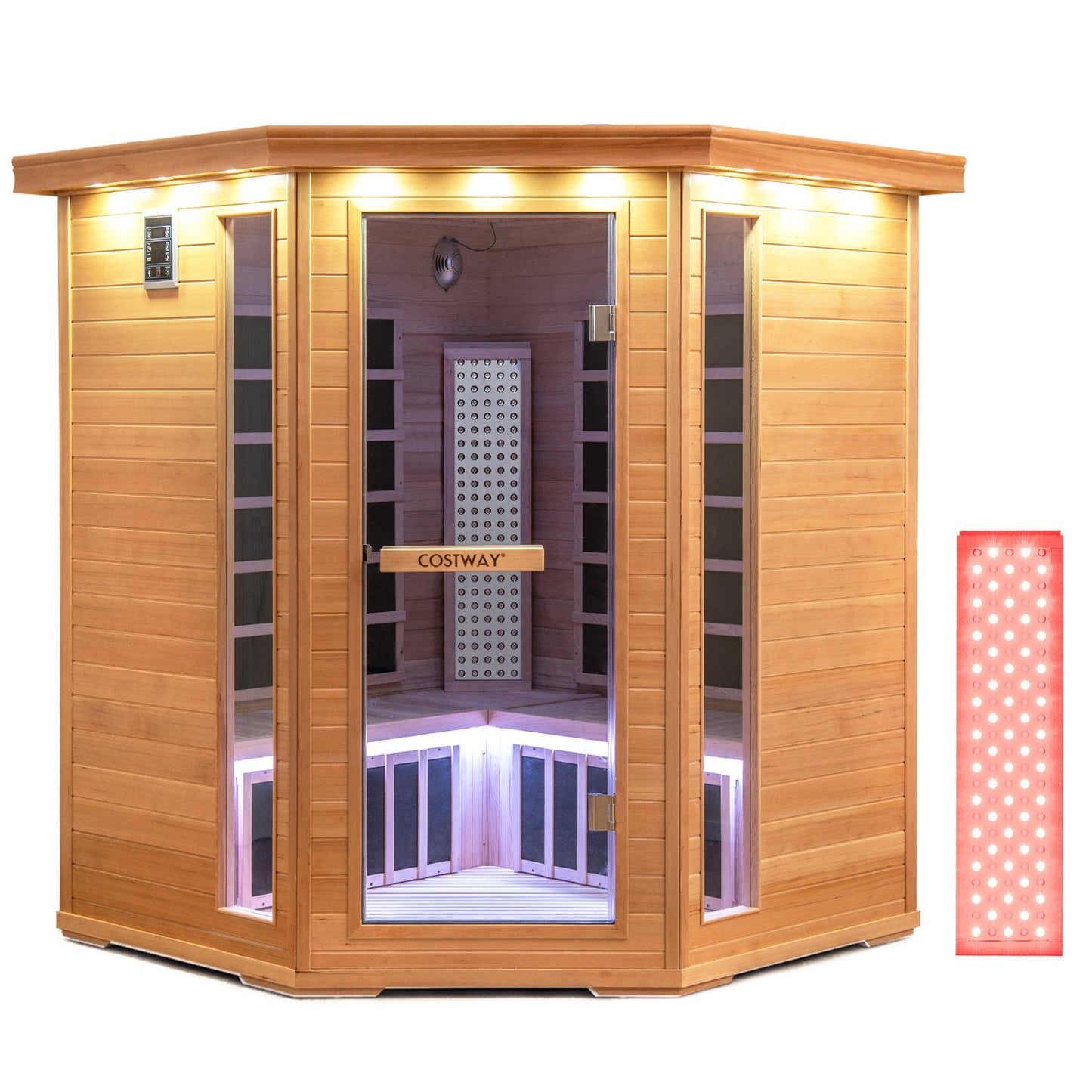 Holiday Sale-NEW 2025 COSTWAY 3D Heat Far Infrared Corner Sauna (3–5 Person) – Canadian Hemlock Wood-Red Light Therapy+Near Infrared-Carbon & Mica Heaters,-Chromotherapy Lighting-Low EMF-Bluetooth Speakers