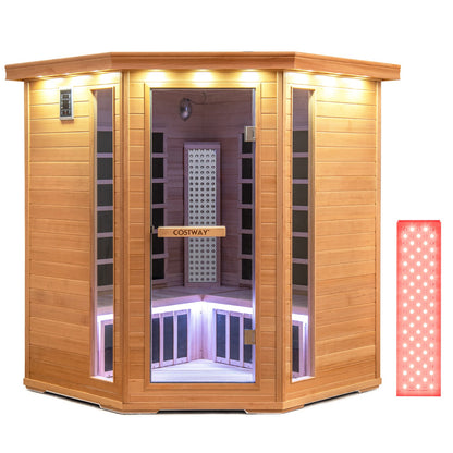 Holiday Sale-NEW 2025 COSTWAY 3D Heat Far Infrared Corner Sauna (3–5 Person) – Canadian Hemlock Wood-Red Light Therapy+Near Infrared-Carbon & Mica Heaters,-Chromotherapy Lighting-Low EMF-Bluetooth Speakers